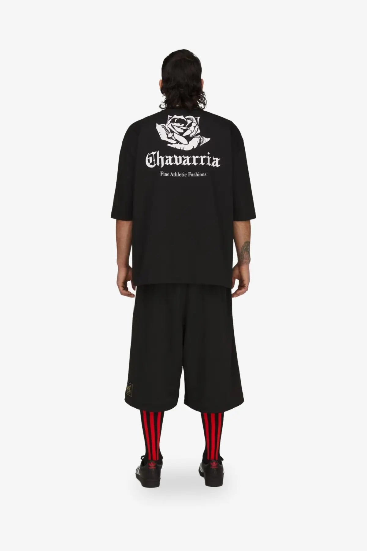 Adidas originals x willy chavarria men’s black cotton t shirt showing back with white rose and chavarria text graphic