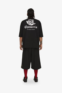 Adidas originals x willy chavarria men’s black cotton t shirt showing back with white rose and chavarria text graphic