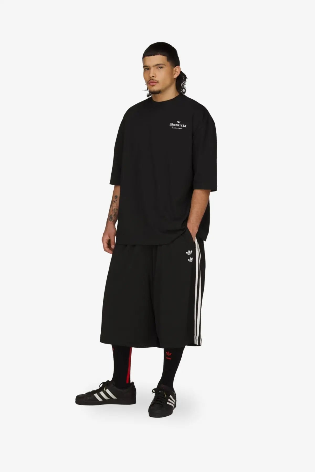 Adidas originals x willy chavarria men’s black cotton t-shirt with white logo and matching shorts with three stripes