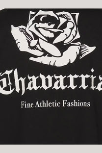 Adidas Originals x Willy Chavarria men’s black cotton t-shirt with bold white rose graphic and chavarrria gothic lettering