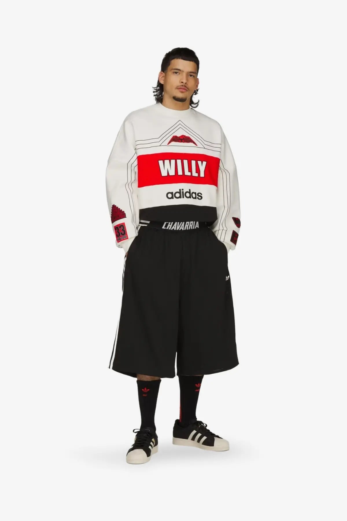 White long-sleeved cotton adidas Originals x Willy Chavarria sweatshirt with bold red and black graphic panels and willy logo