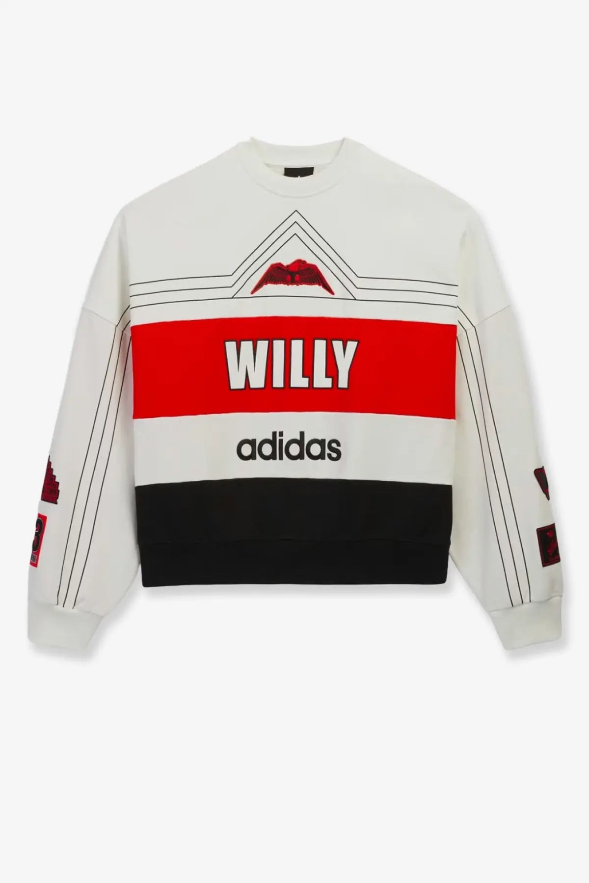 Adidas Originals x Willy Chavarria men’s cotton sweatshirt white with red black stripes willy and adidas logo