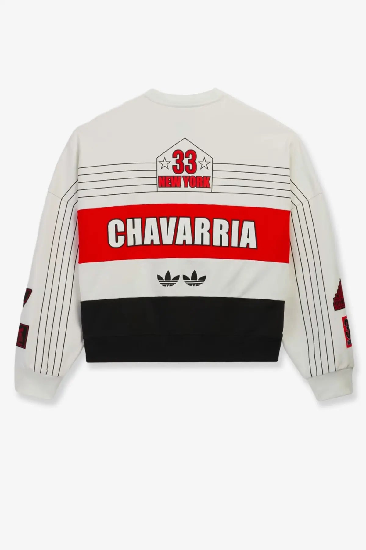 Back of white adidas Originals x Willy Chavarria men’s cotton crew sweatshirt with red black stripes and graphic lettering