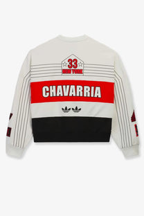 Back of white adidas Originals x Willy Chavarria men’s cotton crew sweatshirt with red black stripes and graphic lettering