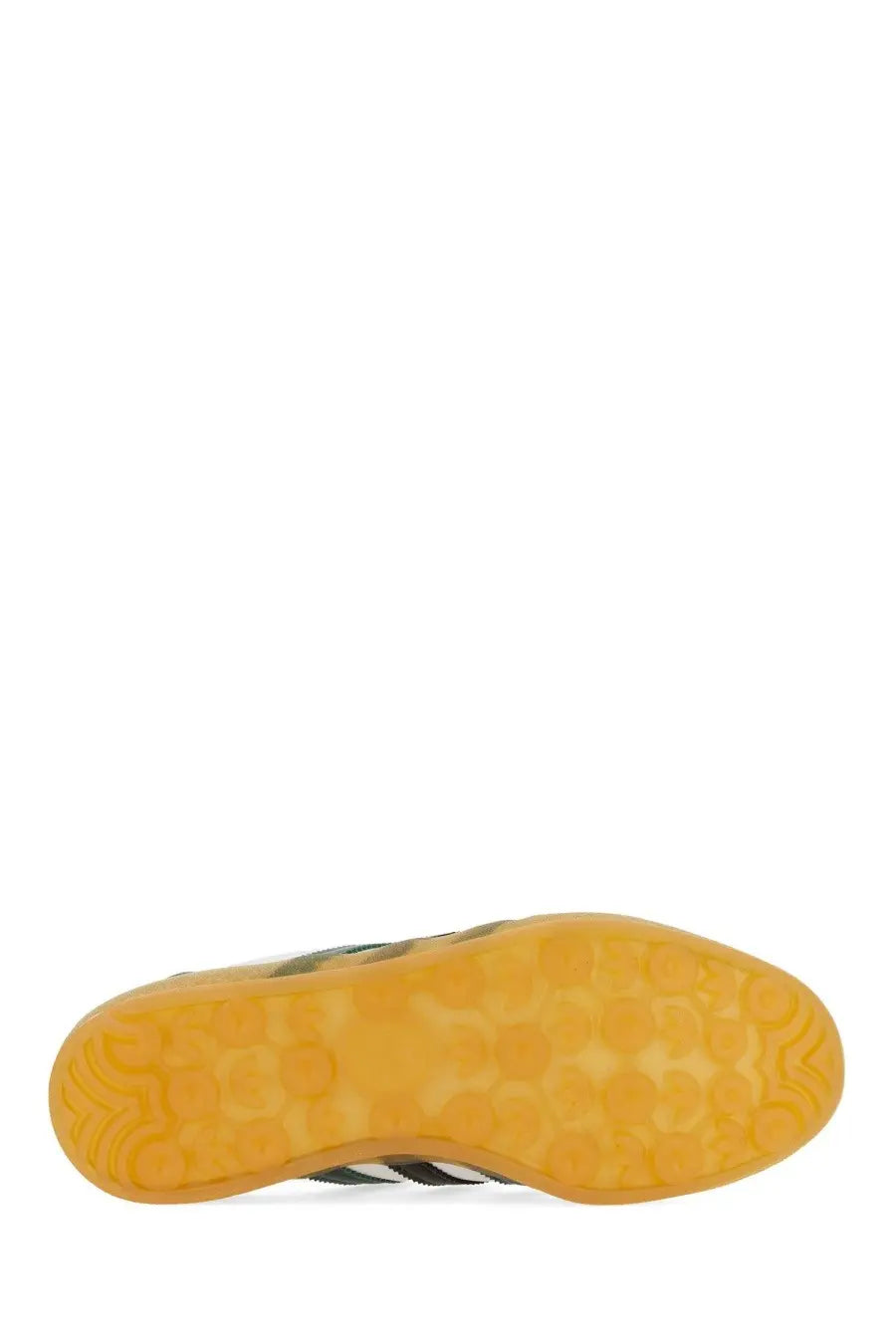 Adidas unisex gazelle indoor shoe white with vibrant yellow rubber sole and black side stripes featuring honeycomb pattern
