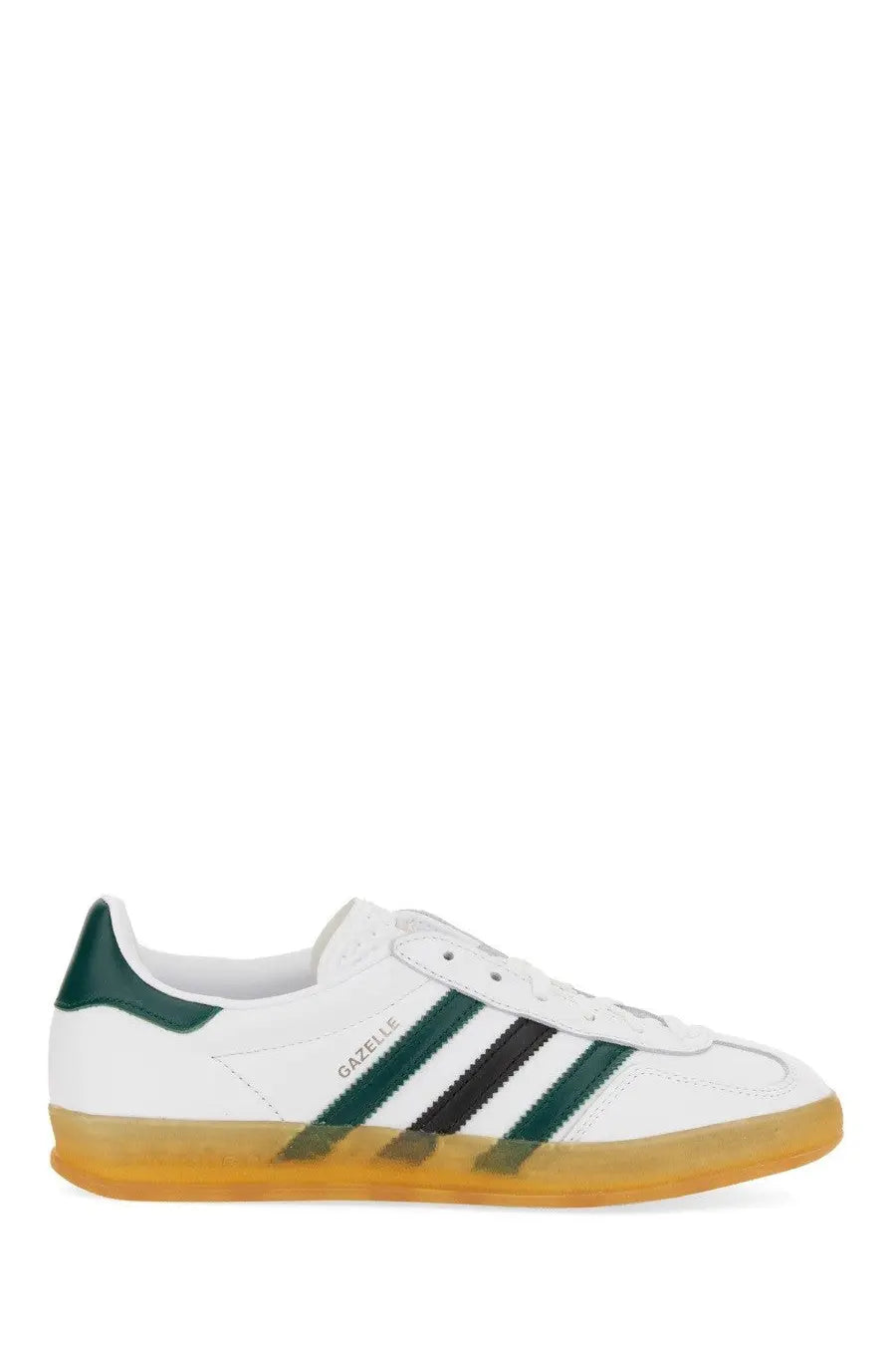 Adidas unisex gazelle indoor shoe white with green and black stripes leather upper and translucent yellow sole