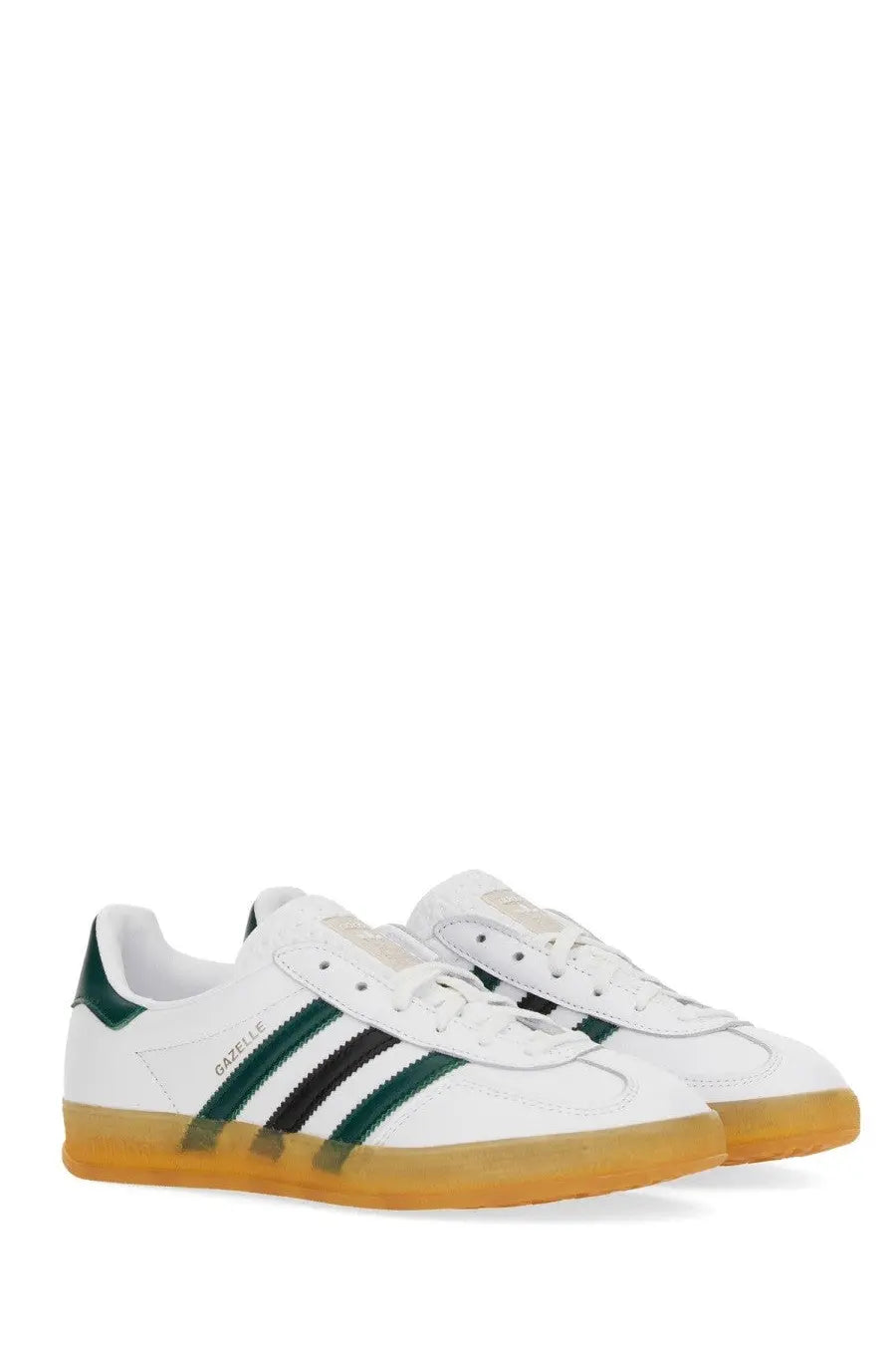 Adidas unisex gazelle indoor shoe white with green and black stripes leather upper and gum rubber sole