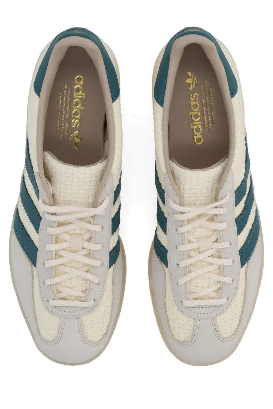 Adidas unisex gazelle indoor sneaker beige in cream and teal with suede and mesh and classic three stripes