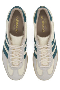 Adidas unisex gazelle indoor sneaker beige in cream and teal with suede and mesh and classic three stripes
