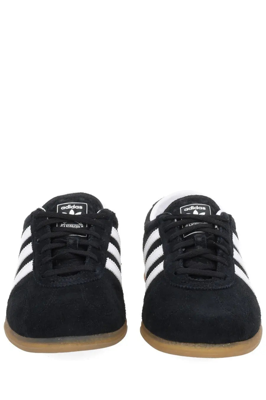 Adidas unisex gazelle lo pro sneaker black in black suede with white three stripes and gum rubber soles