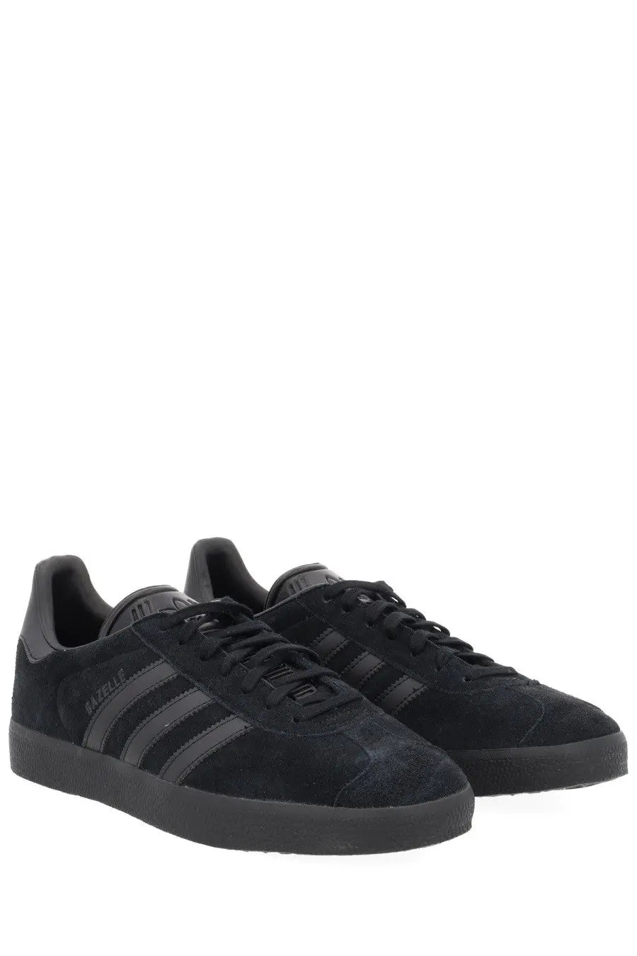Adidas unisex gazelle sneaker in black suede with dark gray three stripes and matching laces