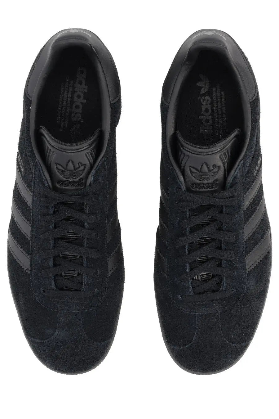Black suede adidas unisex gazelle sneaker with three-tone black stripes and matching laces