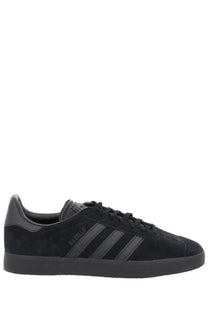 Adidas unisex gazelle sneaker in black suede with dark gray three stripes and matching laces