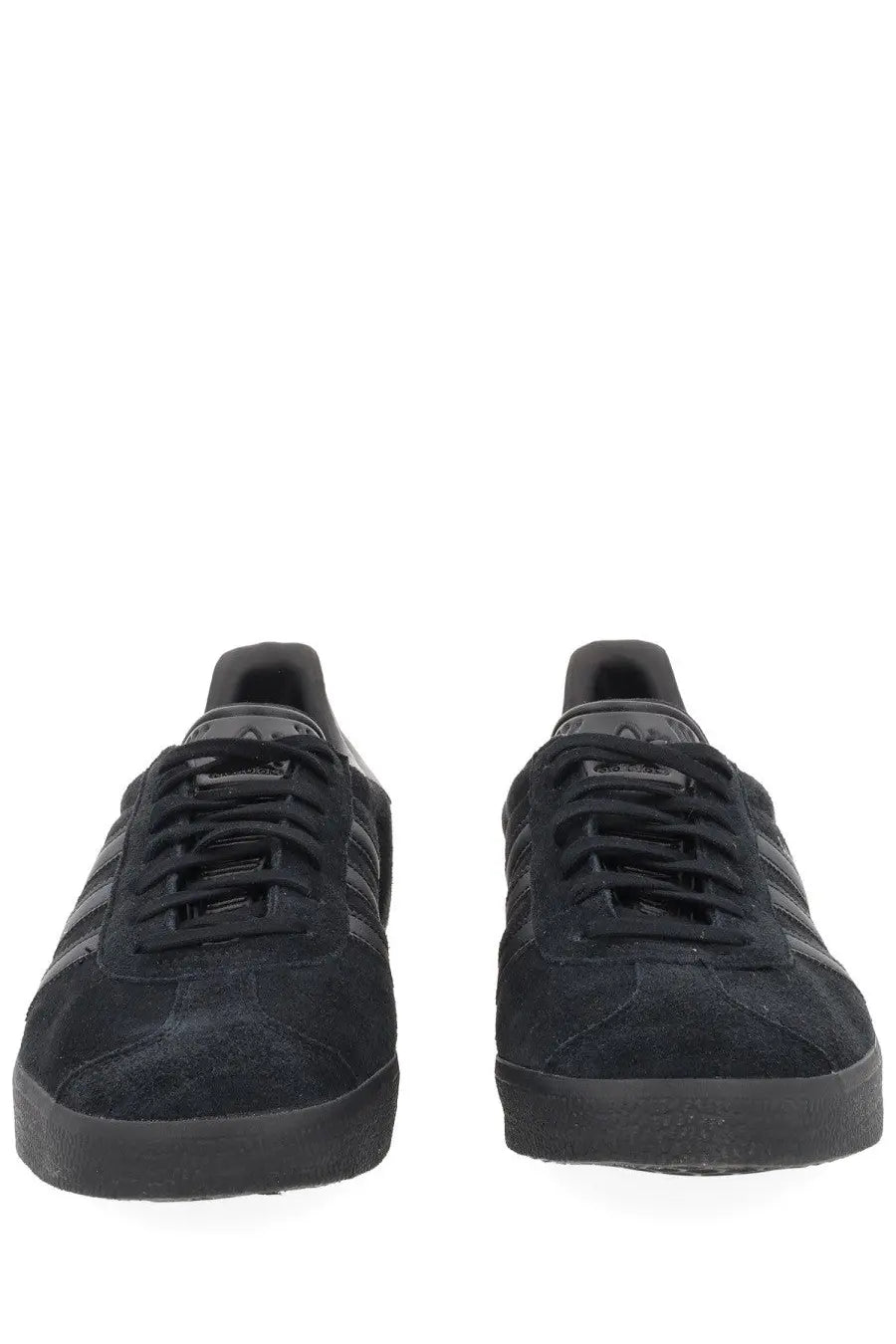 Adidas unisex Gazelle sneaker in black suede with three-tone black stripes and matching laces