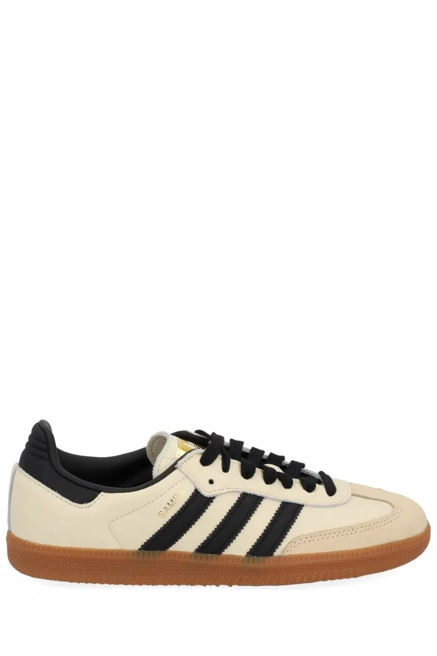 Cream-colored adidas samba og sneaker with black three stripes black laces tongue and gum rubber sole in beige