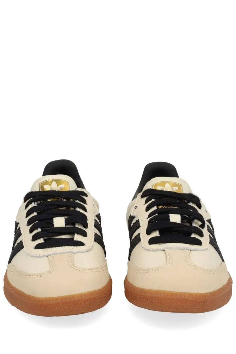 Cream-colored adidas unisex samba OG sneaker beige with black laces three stripes and tan rubber sole