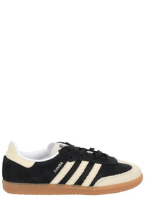 Adidas unisex samba OG sneaker black with black and cream suede upper, three stripes, and gum rubber sole