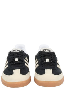 Adidas unisex samba OG sneaker black in black and cream suede with three white stripes and gum rubber sole