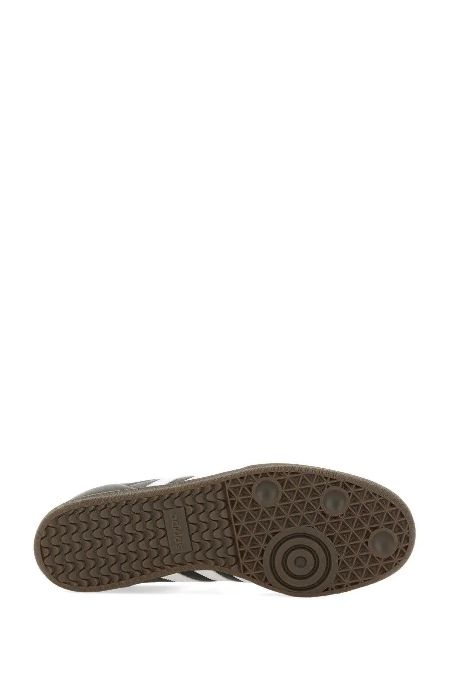 Brown rubber sole with textured pattern and three white stripes on the side featuring adidas logo on adidas unisex samba sneaker black