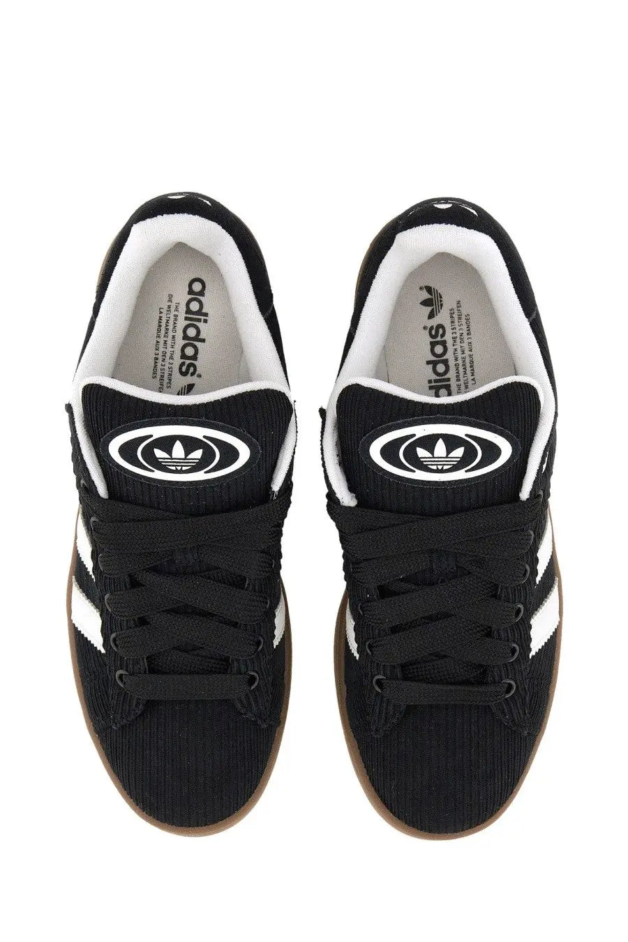 Adidas unisex sneaker campus 00s black black corduroy with white stripes and gum rubber sole in front view