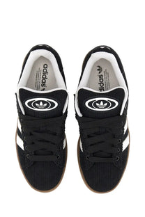 Adidas unisex sneaker campus 00s black black corduroy with white stripes and gum rubber sole in front view