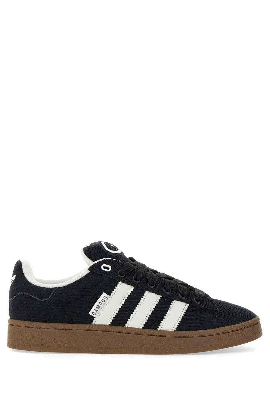 Adidas unisex sneaker campus 00s black with white three stripes tan rubber sole and black laces in classic design