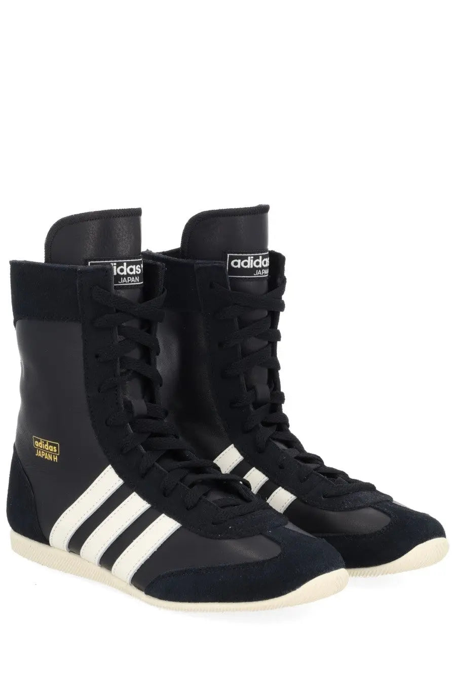 Black adidas japan high-top boxing shoes with white stripes and suede accents in adidas unisex sneaker japan black model