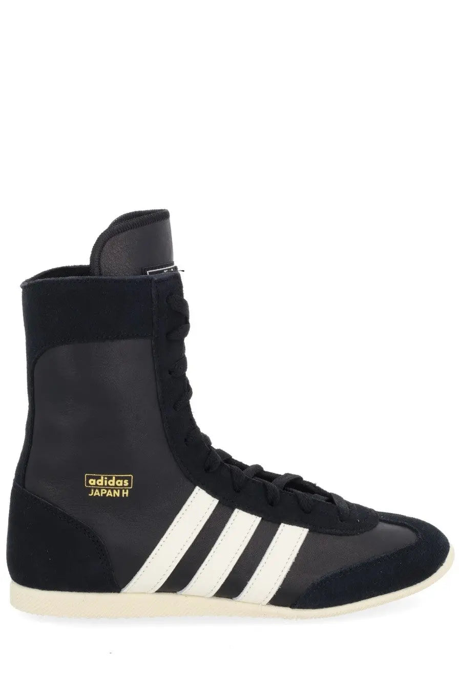 Black adidas unisex sneaker japan with white three stripes gold branding designed for boxing use