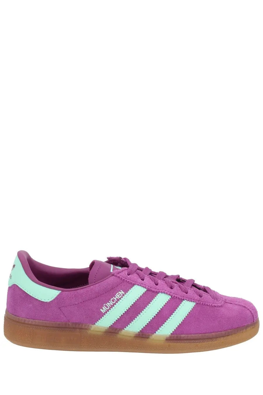 Purple suede adidas unisex sneaker Muenchen with mint green stripes and gum rubber sole