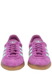 Adidas unisex sneaker muenchen in purple suede with light blue stripes and gum rubber sole front view