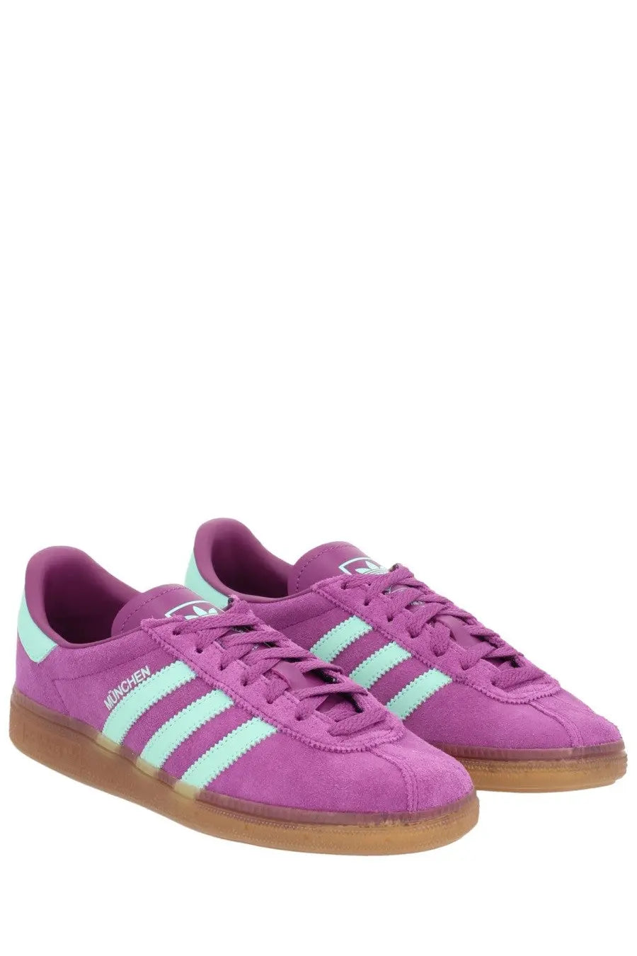 Adidas unisex sneaker muenchen purple in purple suede with mint green stripes and gum rubber soles