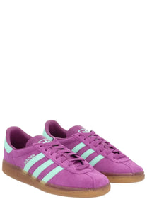 Adidas unisex sneaker muenchen purple in purple suede with mint green stripes and gum rubber soles