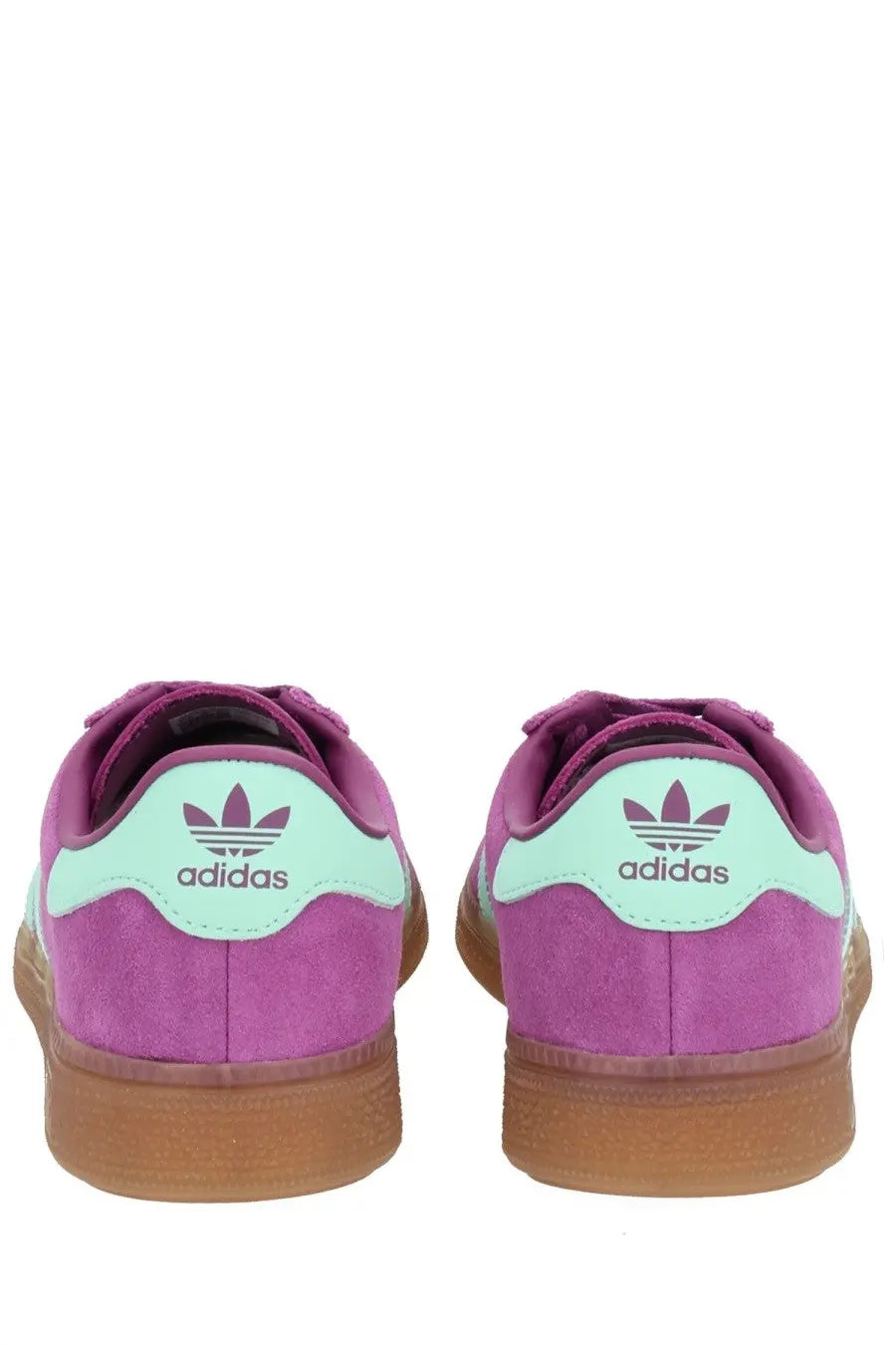 Purple suede adidas unisex sneaker muenchen with mint green heel tabs and gum rubber soles shown from the back