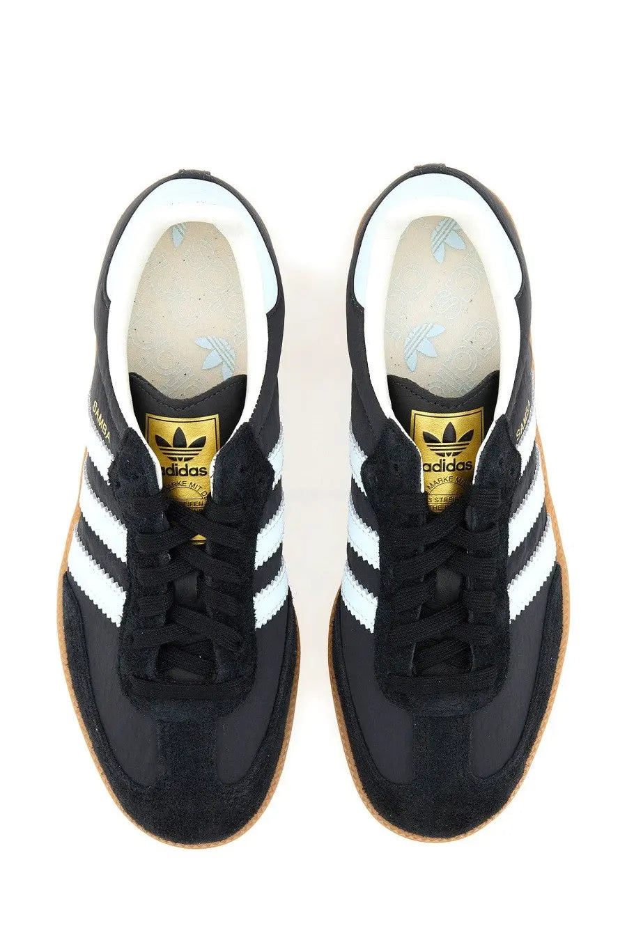Adidas unisex sneaker Samba Black with black suede upper white stripes gold branding and gum rubber sole