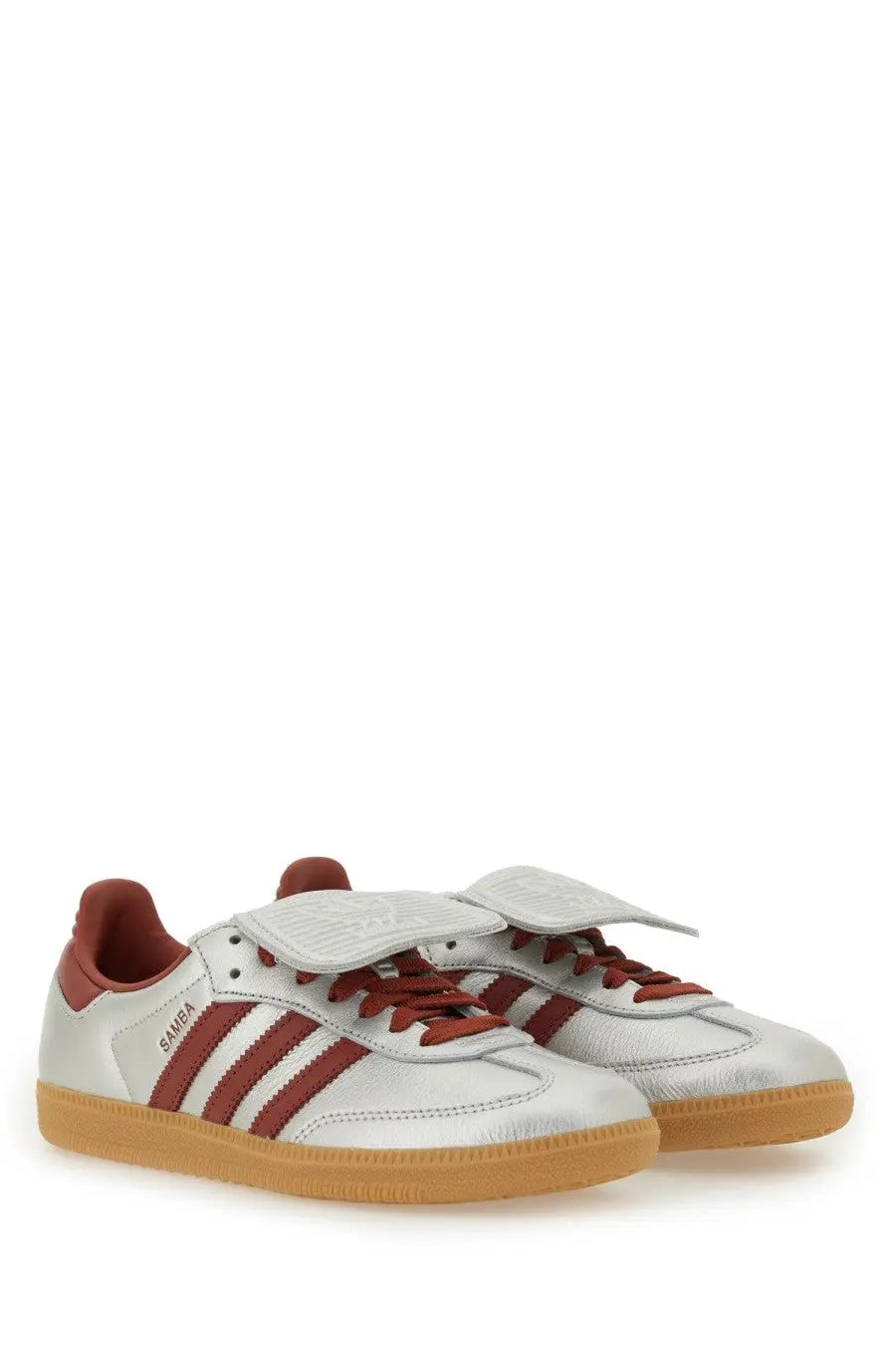 Adidas unisex sneaker samba multicolor with metallic silver and maroon upper three stripes matching laces gum rubber soles