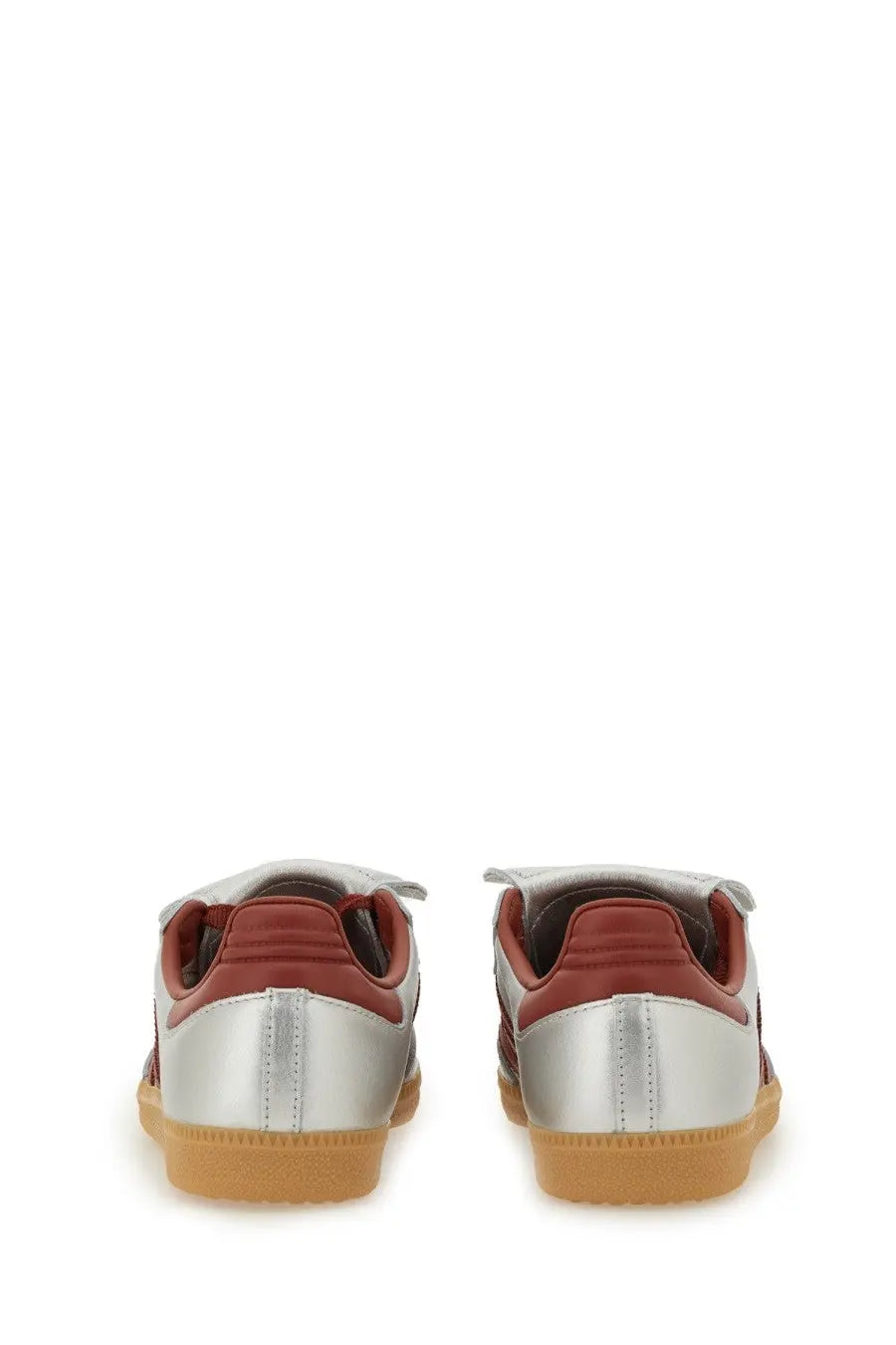 Adidas unisex sneaker samba in silver and rust red with glossy metallic upper and gum rubber sole