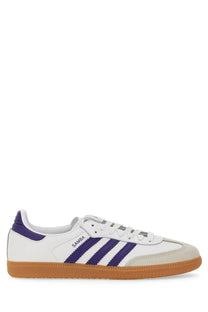 White adidas unisex sneaker samba with purple stripes and gum rubber sole for casual wear
