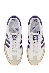 Adidas unisex sneaker samba white with white and purple leather upper, classic three stripes, and gum rubber sole