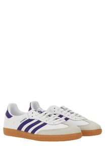 Adidas unisex sneaker samba white with bold purple stripes and tan rubber sole in leather and suede material