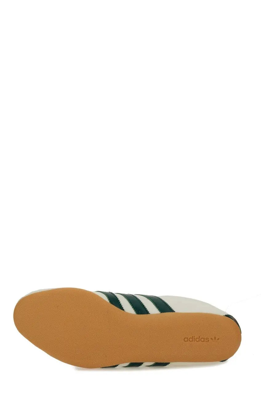 Adidas unisex sneaker tokyo white with green stripes and tan rubber sole in white leather material
