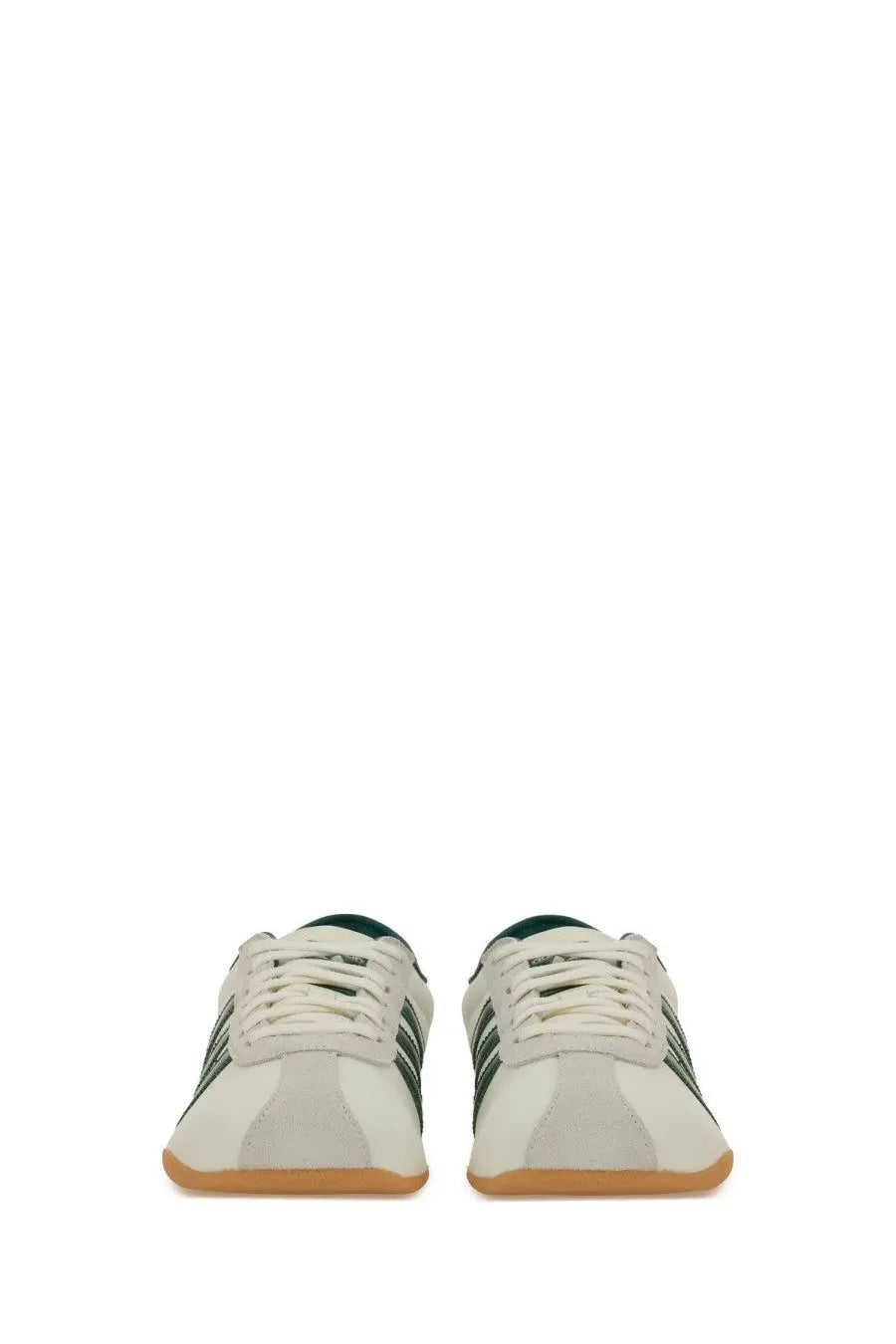 Adidas unisex sneaker tokyo white with dark green stripes and tan rubber sole in classic low-top design