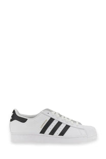 White leather adidas unisex superstar sneaker with black three stripes and matching heel tab front view