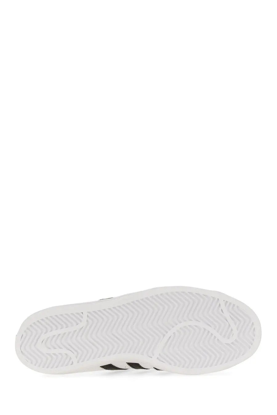 Back side of adidas unisex superstar sneaker with white rubber sole wavy tread and three black stripes on the heel