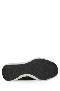 Adidas unisex zponge sneaker black with white rubber sole and repeating brand logo pattern on the outsole