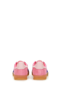 Adidas women’s gazelle indoor sneaker in pink and purple suede with a gum rubber sole