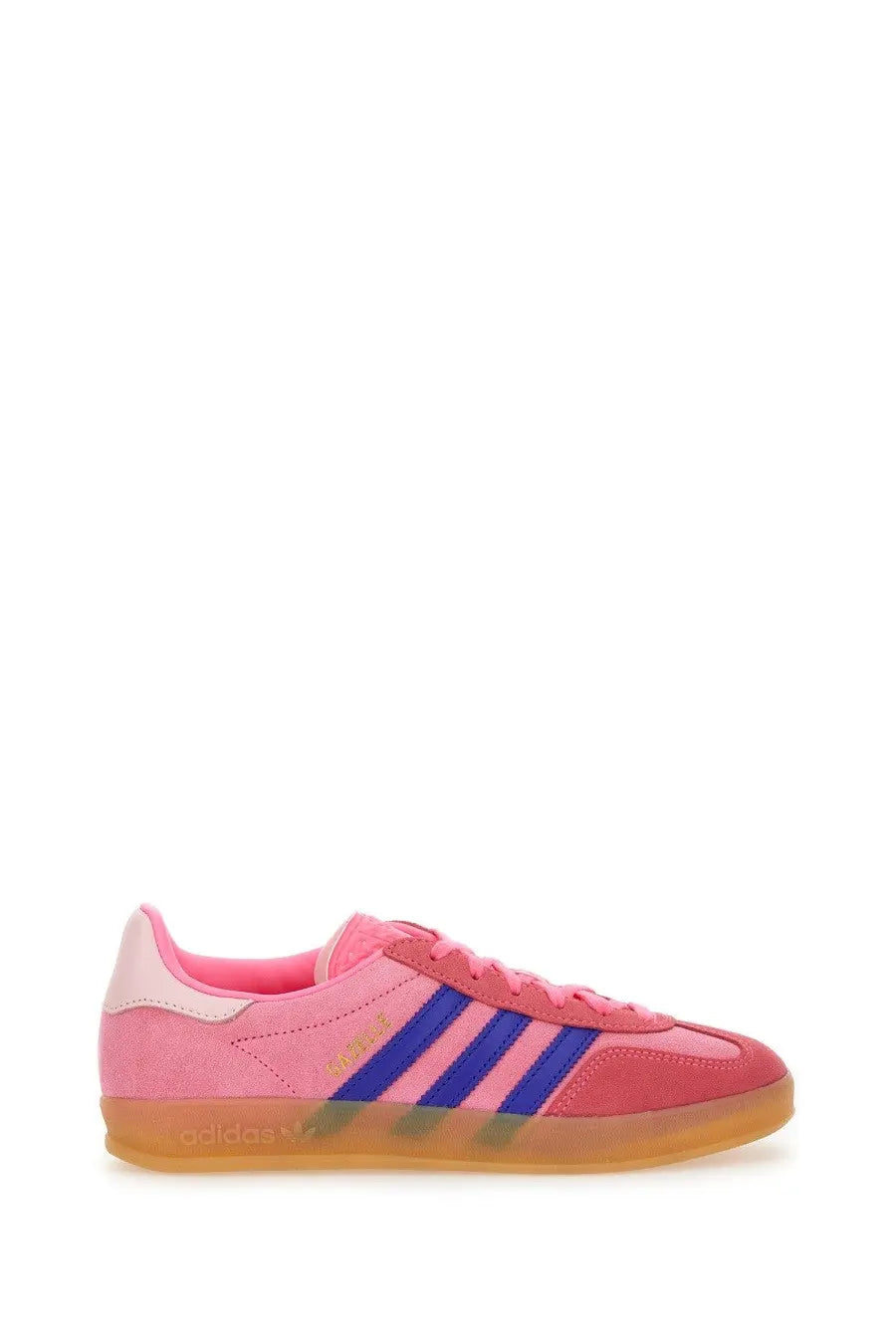 Adidas women’s gazelle indoor sneaker in pink suede with bold blue stripes and translucent gum sole
