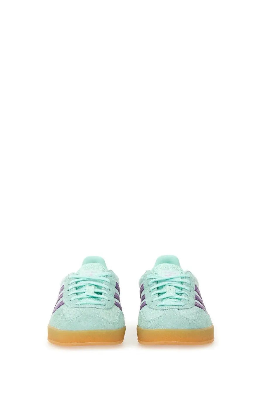 Adidas women’s gazelle indoor sneaker in mint green suede with purple stripes and a gum rubber sole
