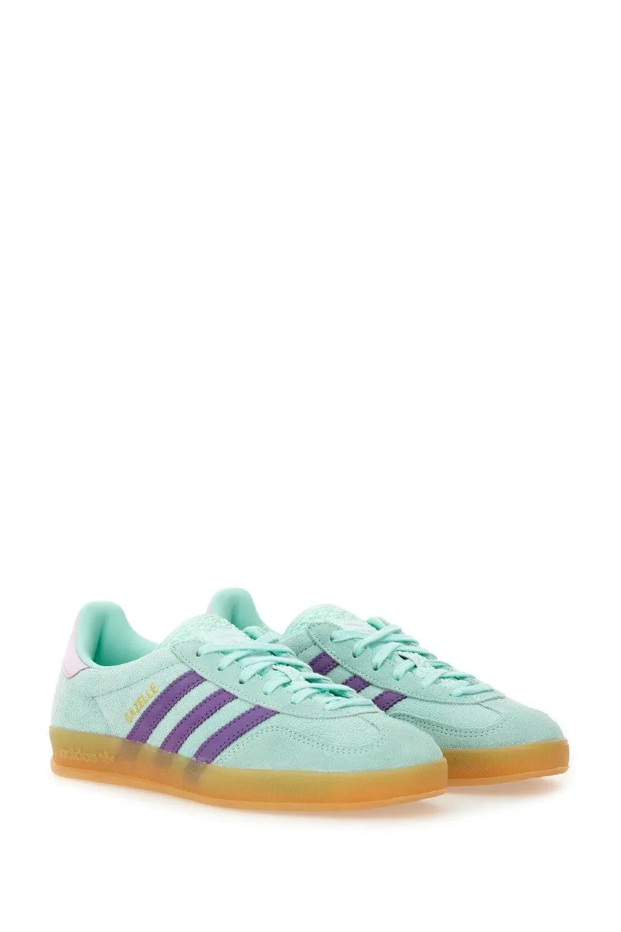 Adidas women’s gazelle indoor sneaker in mint green suede with purple stripes and gum rubber sole