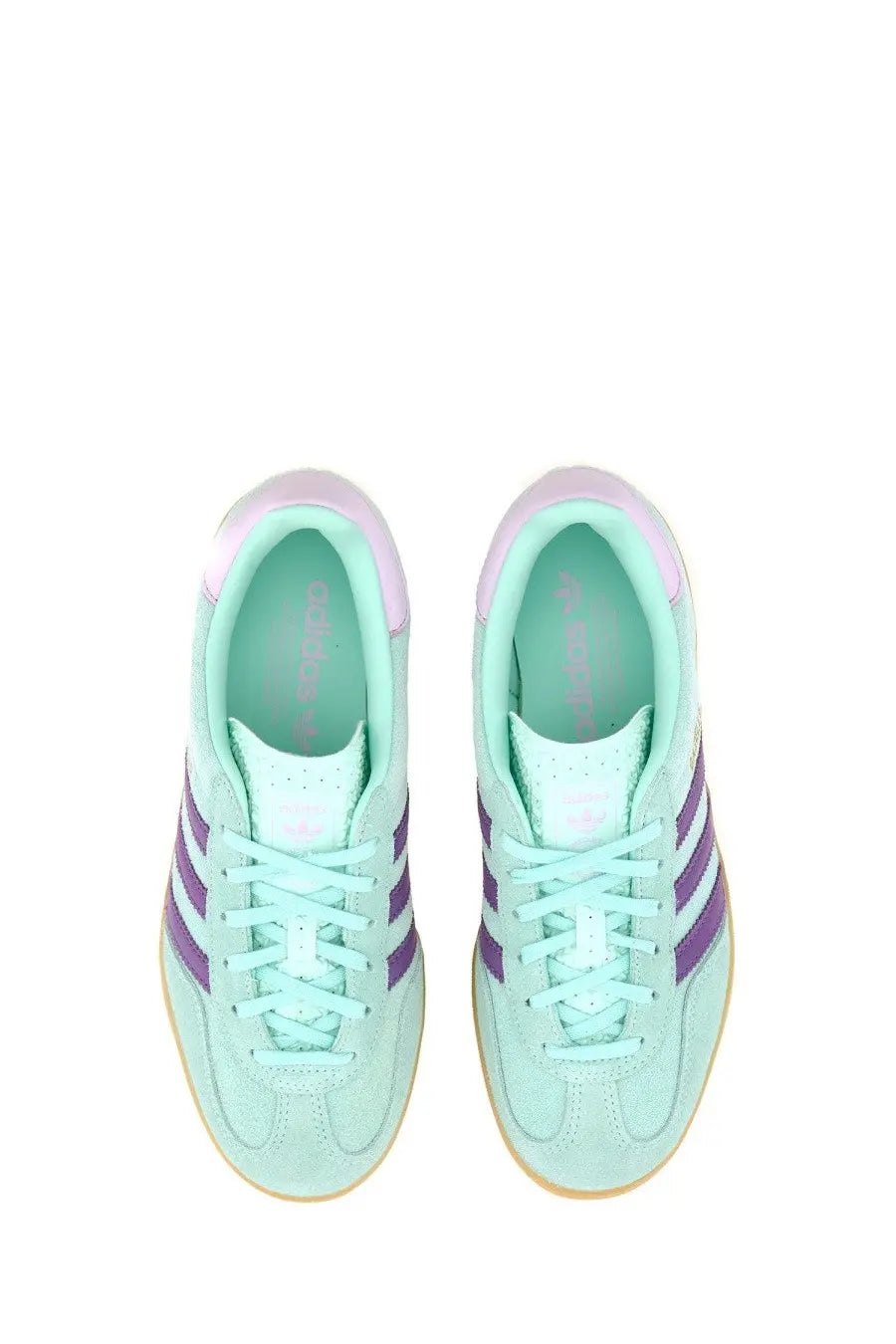 Adidas women’s gazelle indoor sneaker in mint green suede with purple stripes and light pink heel tab