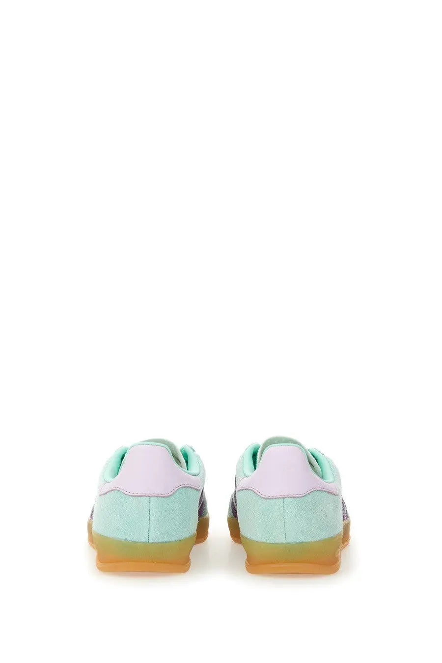 Adidas women’s gazelle indoor sneaker in pastel mint and lavender suede with a translucent gum sole